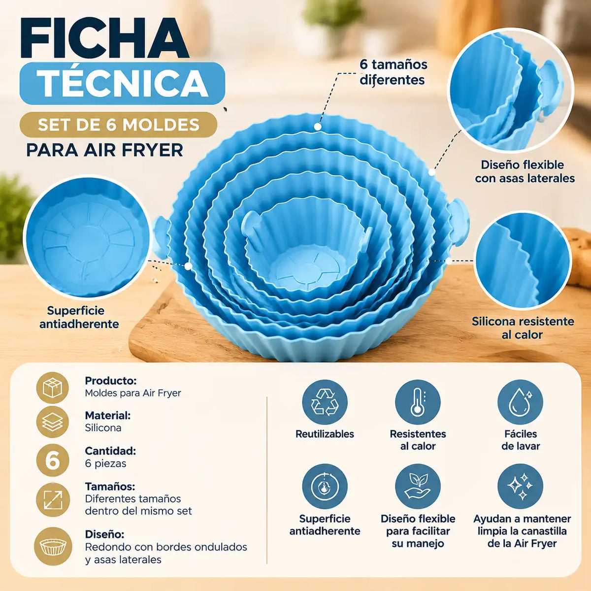 Set de 6 Moldes Antiadherentes de Silicona para Freidora de Aire