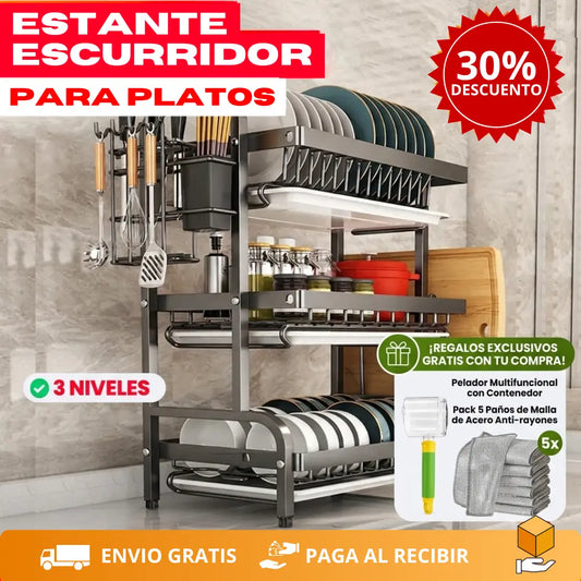 KitchenRack™ Escurridor 3 Niveles + 2 Regalos Exclusivos ⭐
