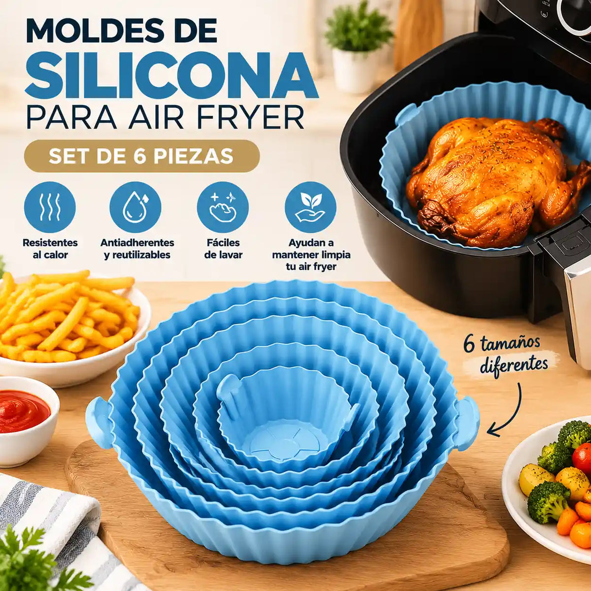 Set de 6 Moldes Antiadherentes de Silicona para Freidora de Aire